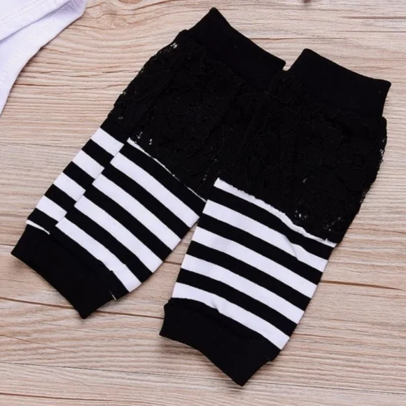 Baby Girl White Onesie Lace Stripe Leg Warmer Bow Hairband 3Pcs Kids Set 0-3M - Picture 5 of 5